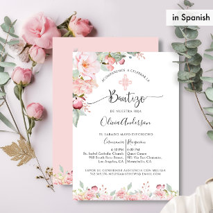 Baptême espagnol Invitation florale rose et menthe