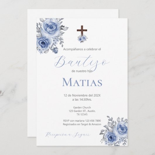 Baptême espagnol invitation garçon (Devant / Derrière)