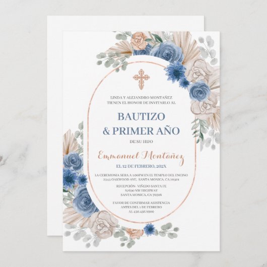 Baptême Espagnol Invitation pour bébé garçon (Devant / Derrière)