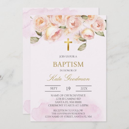 Baptême espagnol rose roux Invitation (Devant / Derrière)