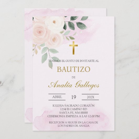 Baptême espagnol rose roux Invitation (Devant / Derrière)