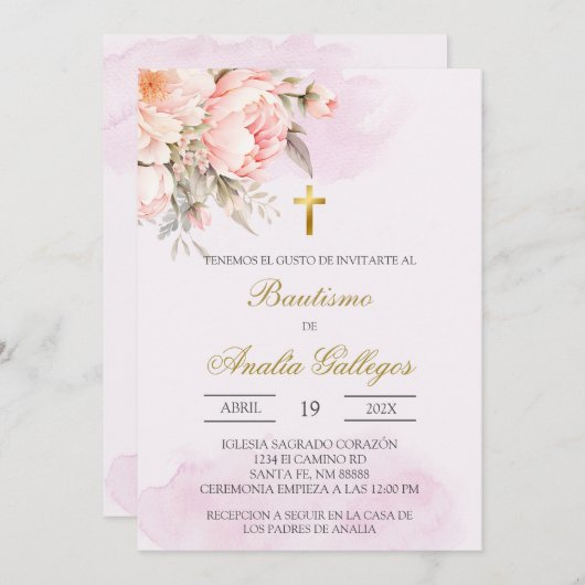 Baptême espagnol rose roux Invitation (Devant / Derrière)