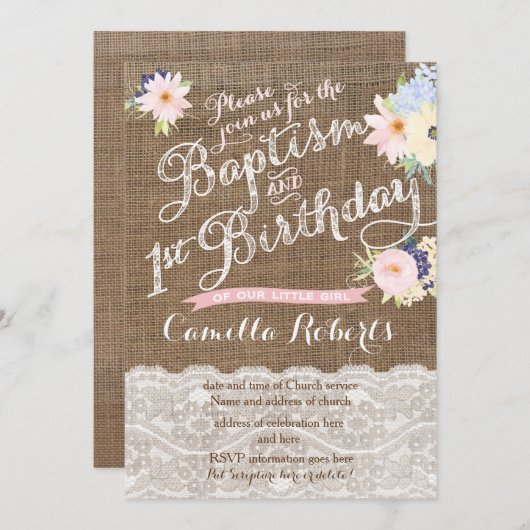 Baptême et invitations d'anniversaire, 1er anniver (Devant / Derrière)