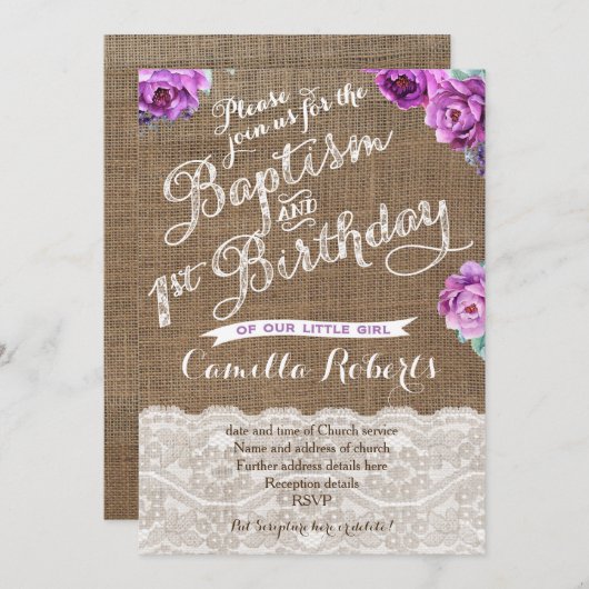 Baptême et premiers invitations d'anniversaire en  (Devant / Derrière)