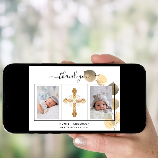 Baptême eucalyptus or photo carte de remerciements