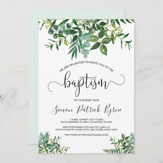 Baptême Faire-part Verdure Genre Neutre (Devant / Derrière)