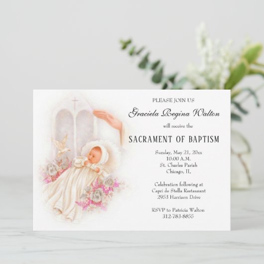 Baptême fille Fleurs roses Invitation (Debout devant)