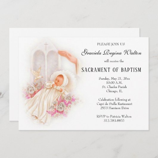 Baptême fille Fleurs roses Invitation (Devant / Derrière)