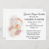 Baptême fille Fleurs roses Invitation (Devant / Derrière)