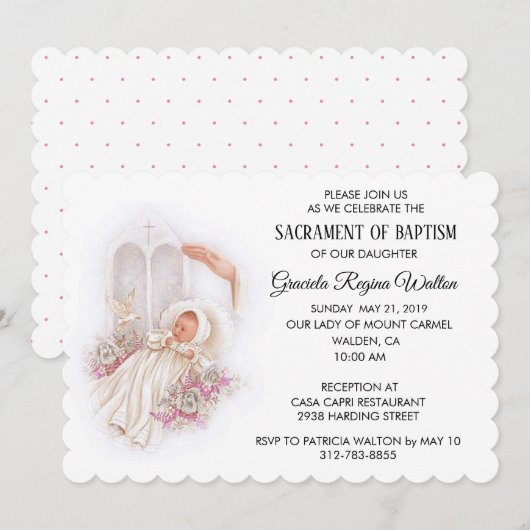 Baptême fille Fleurs roses Invitation (Devant / Derrière)