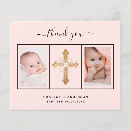 Baptême fille rose budget photo carte de remerciem (Devant)