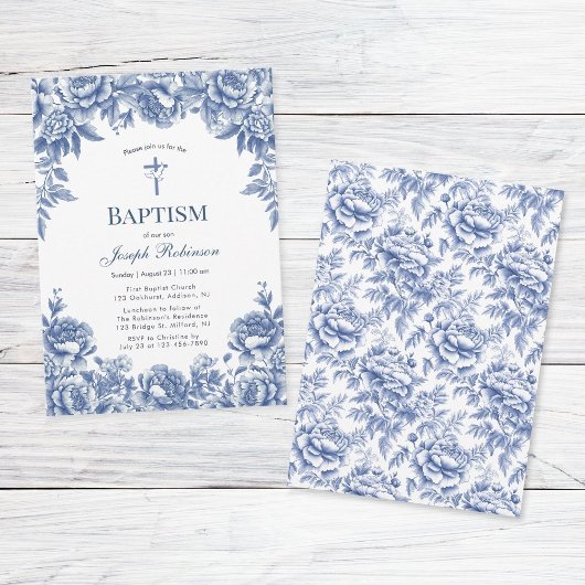 Baptême Fleur Toile Bleue Invitation