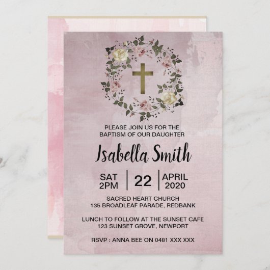 Baptême fleuri pourpre / Invitation Christening (Devant / Derrière)
