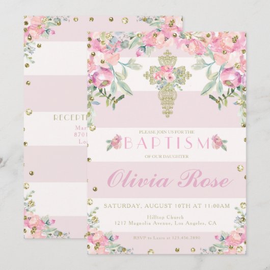 baptême fleurie rose et or invitation pour une fil (Devant / Derrière)