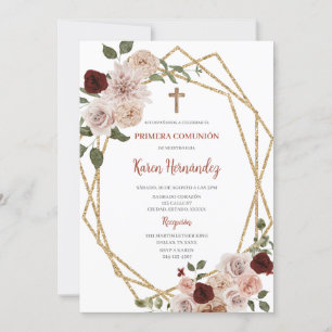Baptême Floral Beige Espagnol Invitation
