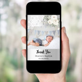 Baptême floral blanc argent carte de remerciements