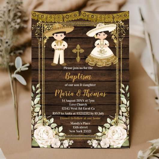 Baptême Floral Blanc Fiesta Twin Invitation