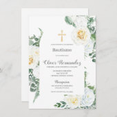 Baptême Floral blanc Invitation espagnole (Devant / Derrière)