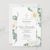Baptême Floral blanc Invitation espagnole (Devant)