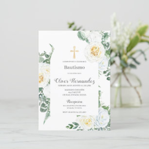 Baptême Floral blanc Invitation espagnole
