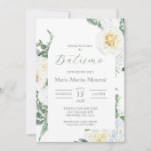 Baptême floral blanc vert Invitation espagnole (Devant)