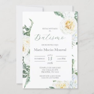 Baptême floral blanc vert Invitation espagnole