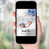 Baptême floral bleu argent carte de remerciements 