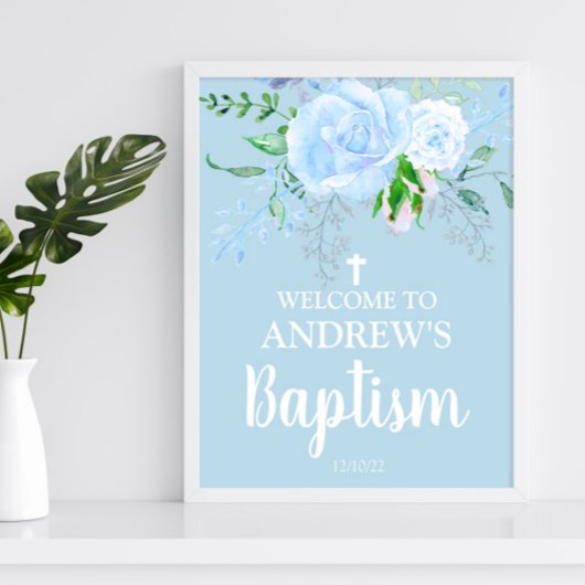 Baptême floral bleu clair Bienvenue Poster 8x10