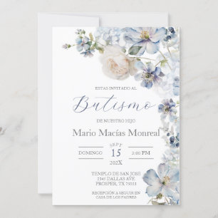 Baptême floral bleu clair Invitation espagnole