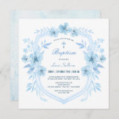 Baptême Floral Bleu Crest Invitation (Devant / Derrière)