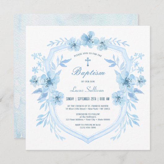 Baptême Floral Bleu Crest Invitation (Devant / Derrière)