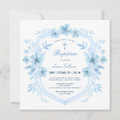 Baptême Floral Bleu Crest Invitation (Devant)