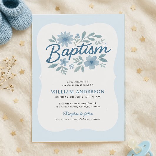 Baptême floral bleu de bord vague Invitation pour 