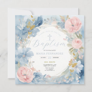 Baptême floral bleu Dusty Invitation