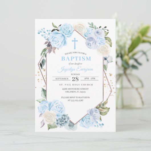 Baptême Floral Bleu Invitation (Debout devant)