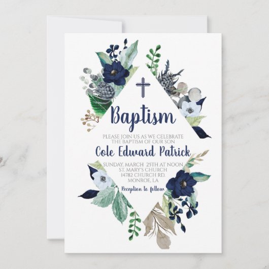 Baptême Floral Bleu Invitation (Devant)