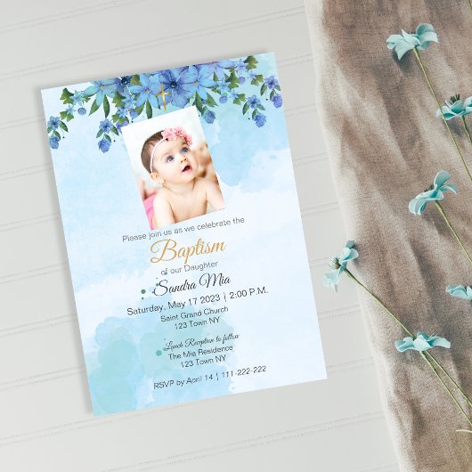 Baptême Floral Bleu Invitation