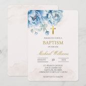 Baptême floral bleu Invitation (Devant / Derrière)
