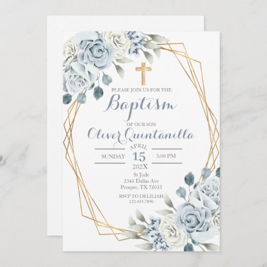Baptême floral bleu Invitation espagnole (Devant / Derrière)