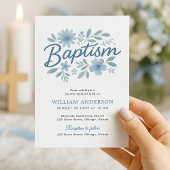 Baptême floral bleu Invitation pour bébé garçon