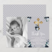 Baptême Floral Bleu Marine Merci Cartes (Devant / Derrière)