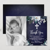 Baptême Floral Bleu Marine Merci Cartes (Devant / Derrière)