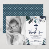 Baptême Floral Bleu Marine Merci Cartes (Devant / Derrière)