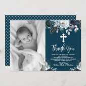Baptême Floral Bleu Marine Merci Cartes (Devant / Derrière)