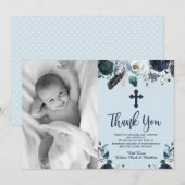 Baptême Floral Bleu Marine Merci Cartes (Devant / Derrière)