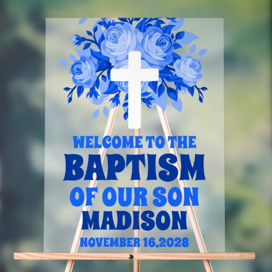 Baptême Floral Bleu Moderne Boy Bienvenue Frosted (Neutre)