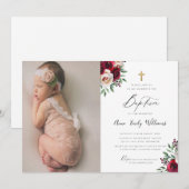 Baptême Floral Bourgogne Invitation Avec Photo (Devant / Derrière)