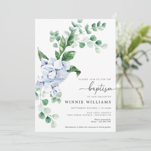 Baptême Floral Hydrangea Bleu Invitation (Debout devant)