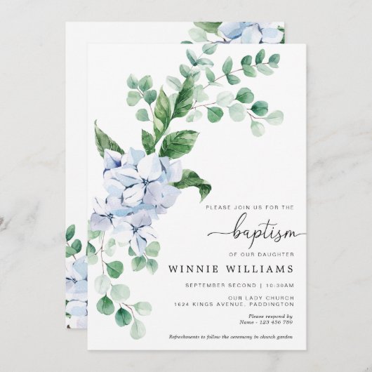 Baptême Floral Hydrangea Bleu Invitation (Devant / Derrière)