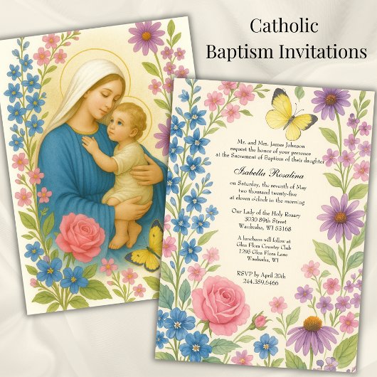 Baptême floral Invitation pour bébé papillon fille